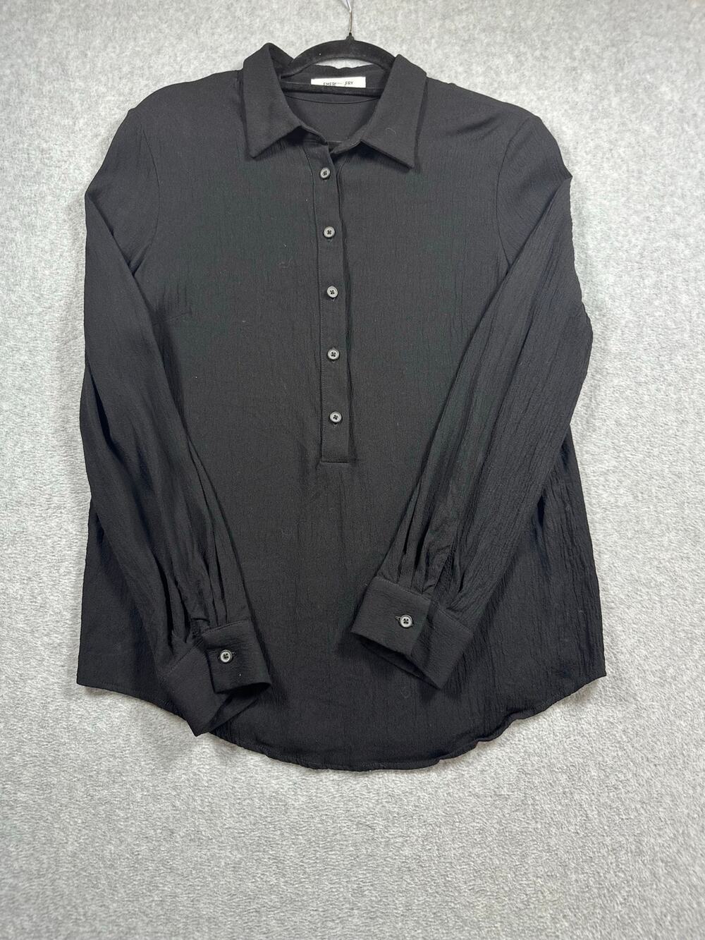 Emerson Fry Collared Button-Up Shirt Women's Large Black Long Sleeve Curved Hem